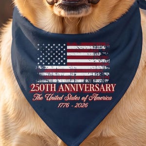 May include: A golden Labrador Retriever wearing a navy blue bandana featuring a distressed American flag design. The bandana commemorates the 250th Anniversary of the United States, with text reading "250th Anniversary The United States of America 1776-2026".