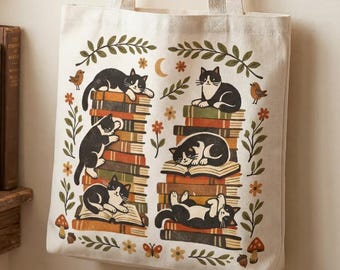 Tuxedo Cat Tote Bag – Cottagecore Book Lover Design