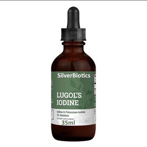 May include: A brown glass bottle of Lugol's Iodine with a black dropper. The label reads "SilverBiotics" and "LUGOL'S IODINE" with the text "Iodine & Potassium Iodide 2% Solution" and "35ml".