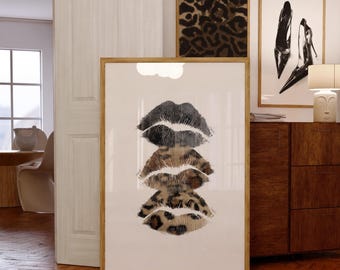 kiss lip Print Poster | Y2K Brown Leopard print | Trendy Maximalist Dorm Room Wall Art | Aesthetic Bedroom Decor Above Bed | #13