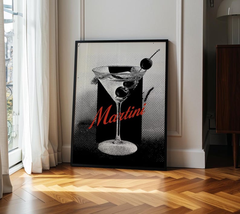 Dirty Martini Art Print | Black and White Bar Cart Poster (digital ...