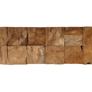 Puede incluir: Un panel de pared rectangular de madera compuesto por dieciséis bloques cuadrados. Los bloques son de madera natural, mostrando diferentes tonos de marrón y patrones de vetas únicos. El panel está diseñado para la decoración de interiores.