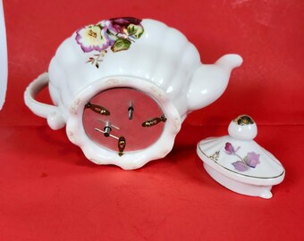 Vintage Musical Teapot White Floral Gold Trim Wind Up Novelty Collectible