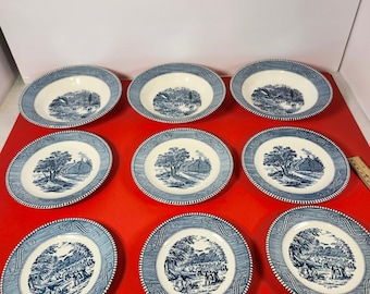 Royal China Currier & Ives Plates, Bowls Set - Blue Transferware Ironstone