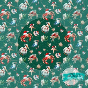 May include: A teal Christmas pattern with crabs, pelicans, turtles, starfish, and seashells, all wearing Santa hats and scarves. Seagulls hold candy canes. The design includes a circular graphic and the text "Shacie STUDIOS".
