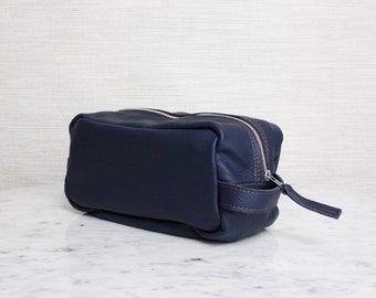 Navy Leather Zippered Dopp Kit Makeup Travel Toiletry Bag