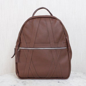 Brown Leather Backpack Travel Bag with Large Front Pocket image 1