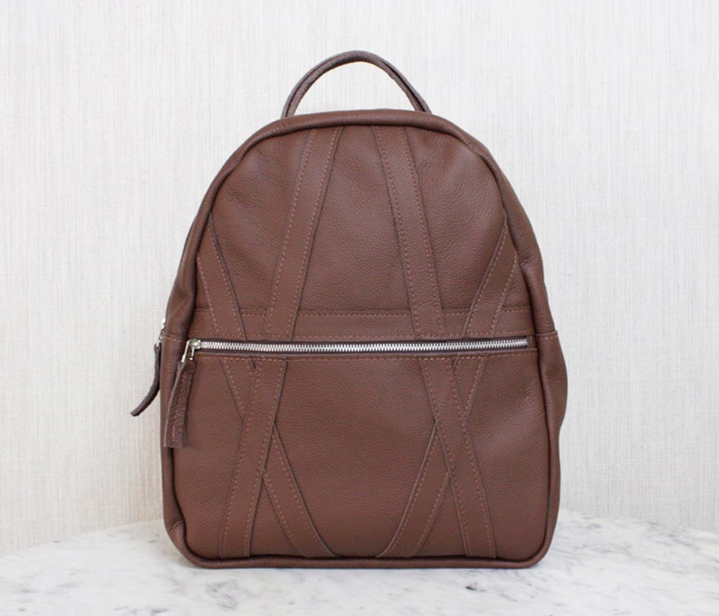 Brown Leather Backpack Travel Bag with Large Front Pocket image 1