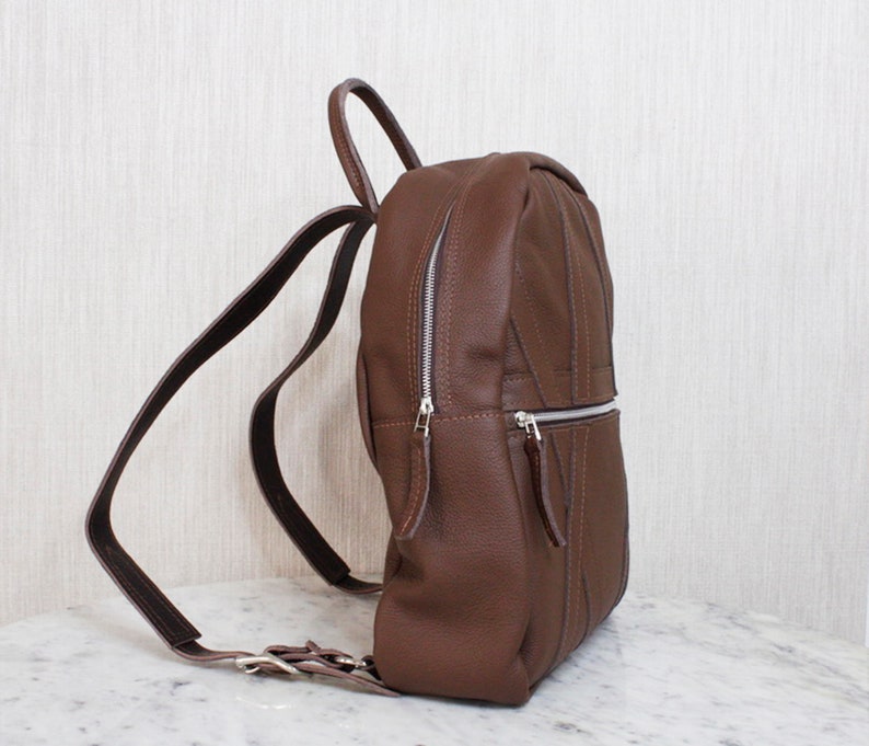 Brown Leather Backpack Travel Bag with Large Front Pocket image 2