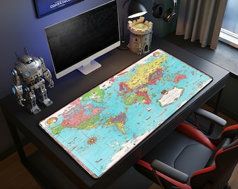 Mercator World Map Desk Mat – Vintage Map of the World Mouse Pad, XXL Gaming Mousepad, Geography Desk Decor, Large Keyboard Mat, Gift Setup