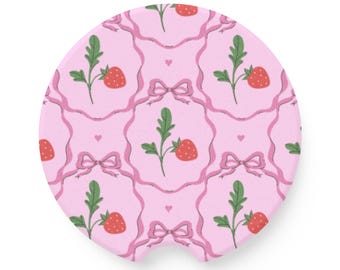 Strawberry Bow Pink Car Coaster, Coquette Aesthetic Soapstone Cup Holder Coaster, Cute Girly Strawberry Floral Car Accessory