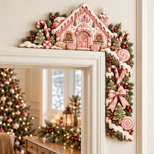 Könnte beinhalten: Ein Türrahmen-Dekorationselement in Form eines Lebkuchenhauses mit rosa-weißem Zuckerguss, Zuckerstangen, Pfefferminzbonbons, grünen Tannenzweigen und roten Beeren. Das Design setzt sich seitlich mit einer großen rosa Schleife fort.