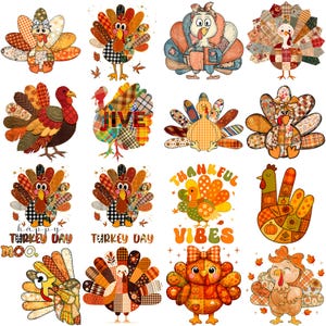 Könnte beinhalten: Eine Sammlung farbenfroher Truthahn-Illustrationen in verschiedenen Stilen. Einige Truthähne haben Patchwork-Designs, während andere Texte wie "JIVE", "Happy Turkey Day" und "Thankful Vibes" zeigen. Perfekt für Bastelarbeiten zum Thema Thanksgiving.