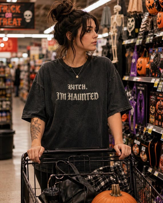 Bitch I’m Haunted Shirt | Heavyweight Oversized T-Shirt | Vintage Wash Gothic Tee | Halloween Shirt | Unisex Grunge Graphic Tee
