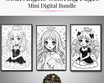 Goth Angels Coloring Pages | Kawaii Gothic Angel | Emo Coloring Sheets | Printable Art | Instant Download
