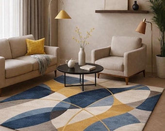 Modern geometrisch vloerkleed, abstract tapijt blauw mosterd, hedendaags tapijt uit het midden van de eeuw, groot woonkamertapijt, Scandinavisch interieur