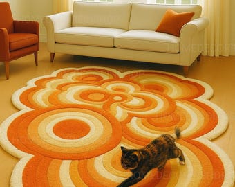 Sunburst Bloom abstract gevormd vloerkleed organisch gelaagd oranje met de hand getuft vloerkleed – eigentijds handgetuft design handgemaakt vloerkleed