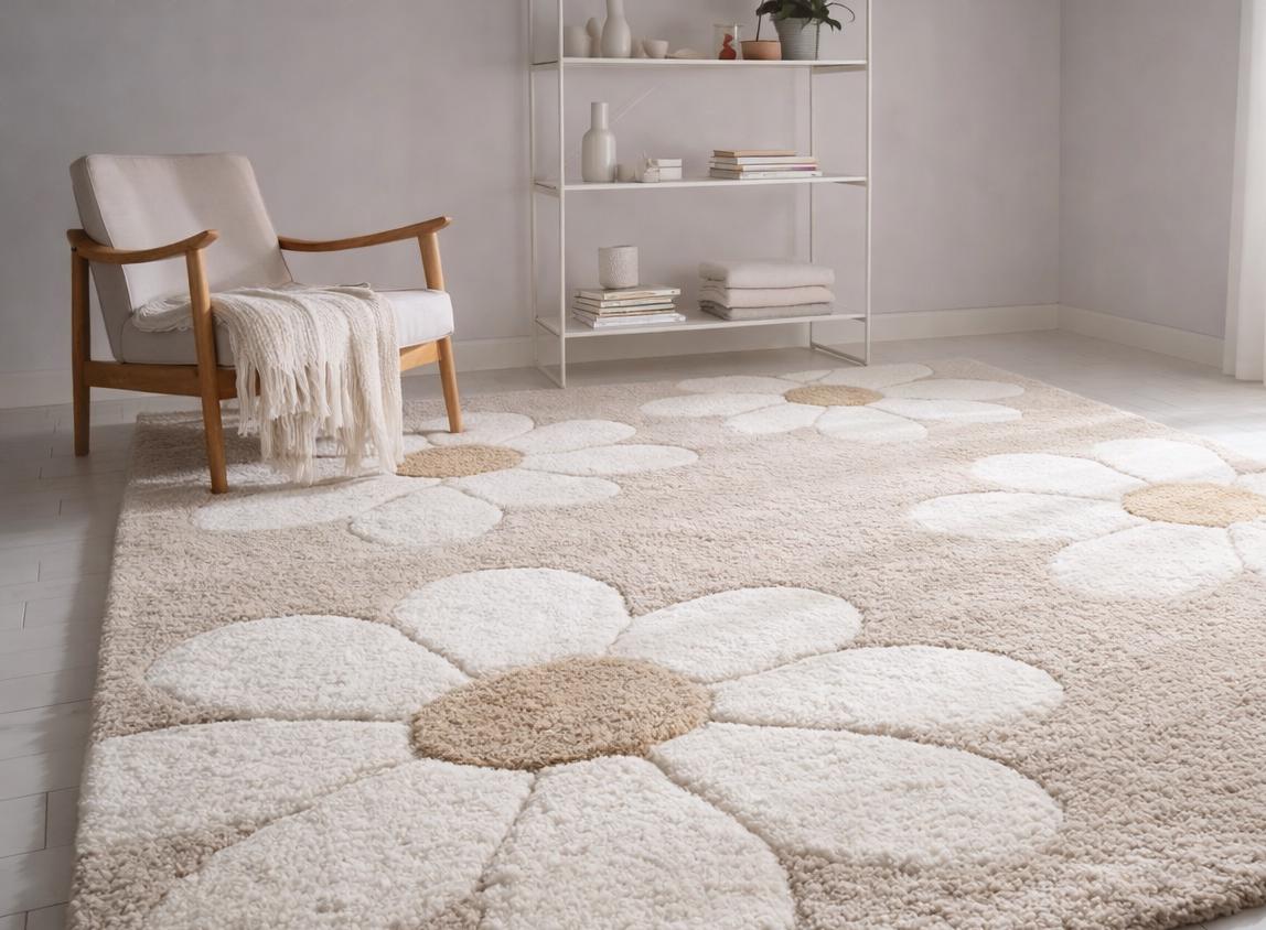 Hand Tufted Daisy Flower 7X10 Area Rug – Soft Beige & Ivory Floral ...