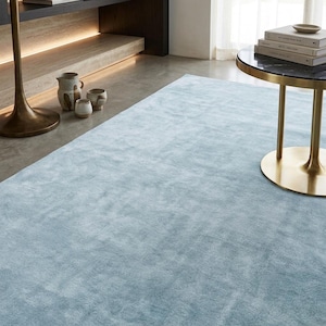 Peut inclure: Un grand tapis rectangulaire d'une couleur bleu clair douce et unie, doté d'une surface texturée à poils ras. Le tapis est posé sur un sol lisse, s'étendant du premier plan vers le milieu de la pièce, créant une large étendue plane et uniforme.