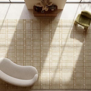 Japandi Plaid Wool Rug - Large Hand-Tufted Checkered Area Rug in Cream & Ochre - Organic Modern Living Room Carpet - Minimalist Grid Decor