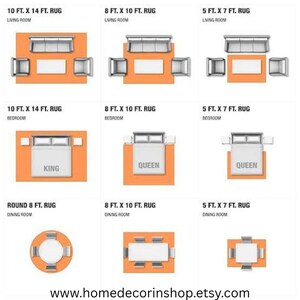 Op de afbeelding: Diagrammen met vloerkleedmaten en meubelopstellingen voor woonkamers, slaapkamers en eetkamers. Inclusief vloerkleedmaten zoals 3,05 m x 4,27 m, 2,44 m x 3,05 m en 1,52 m x 2,13 m. De diagrammen tonen de plaatsing van meubels.