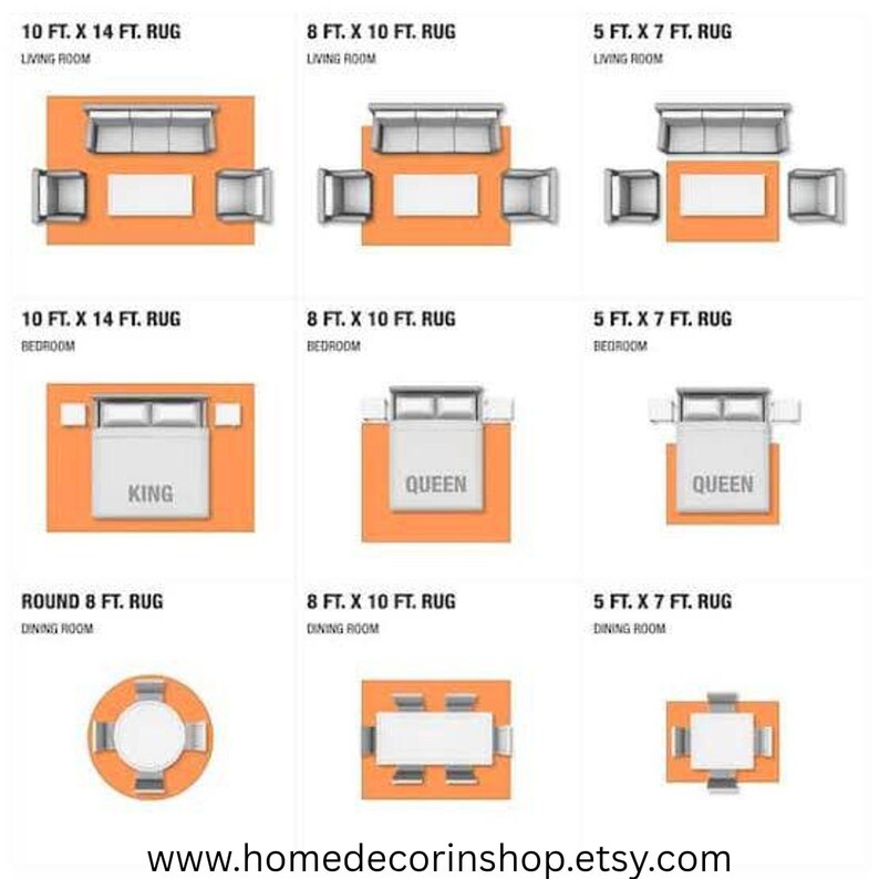 Op de afbeelding: Diagrammen met vloerkleedmaten en meubelopstellingen voor woonkamers, slaapkamers en eetkamers. Inclusief vloerkleedmaten zoals 3,05 m x 4,27 m, 2,44 m x 3,05 m en 1,52 m x 2,13 m. De diagrammen tonen de plaatsing van meubels.