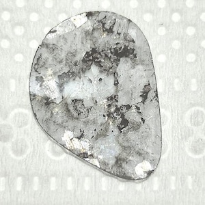 May include: An irregularly shaped, semi-transparent object with a mottled pattern of silver and dark grey. It is set against a white background with a repeating pattern of small circles and floral shapes.