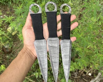 Set of 3 Handmade Damascus Kunai Throwing Knife,dagger Throwing hunting knife .Christmas Gift Birthday Gift for Men Anniversary Gift for Him