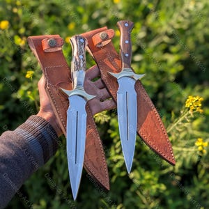 Set von 2 Fairbairn Sykes Stahlmesser mit Hirschgeweih + Holzgriff Messer, Jagdmesser, Double Edge Messer, taktisches Messer, Geschenk für Sie / Ihn