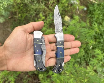 6.5 Handmade Damascus Steel Pocket Knife Blue Handle Folding Knife Birthday Wedding Anniversary Personalized Gift for Boyfriend Gift for Him
