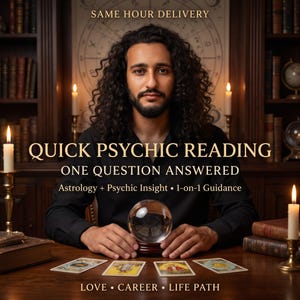 May include: A person with long curly hair sits at a wooden desk with a crystal ball and tarot cards. Text reads: SAME HOUR DELIVERY, QUICK PSYCHIC READING, ONE QUESTION ANSWERED, Astrology + Psychic Insight, 1-on-1 Guidance, LOVE, CAREER, LIFE PATH.