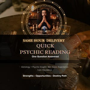 以下が含まれることがあります： 占いリーディングを宣伝する画像。「SAME HOUR DELIVERY QUICK PSYCHIC READING One Question Answered」と書かれたテキスト。追加テキストには「Astrology + Psychic Insight | 30+ Years Experience 1-on-1 Guidance」が含まれています。画像には、人、ろうそく、水晶玉が写っています。