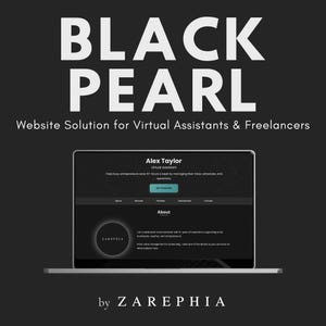 Può includere: Grafica grigio scuro con le parole "BLACK PEARL" in grandi lettere bianche. Sotto, il testo recita "Website Solution for Virtual Assistants & Freelancers". Un laptop mostra un'interfaccia di sito web con il nome "Alex Taylor" e la parola "About".