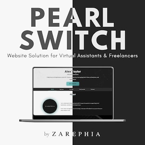 Puede incluir: Un portátil muestra una interfaz de sitio web con el texto "Alex Taylor, Asistente Virtual". La imagen presenta las palabras "PEARL SWITCH" y "Solución de sitio web para asistentes virtuales y autónomos". El sitio web es de ZAREPHIA.