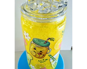 Bright Sunny Lemonade Slushie Snowglobe Tumbler Cup with Faux Ice on Lid (16oz)