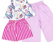 Kids Summer Sewing Pattern Bundle PDF | 3 in 1 Pattern Set | Summer Top + Wide Leg Pant + Easy Shorts | Toddler Girl Sewing Pattern Size 1-6