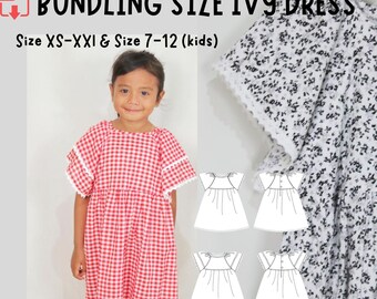 Mom and Girl Dress Sewing Pattern, Bundle Mom and kid PDF Pattern, Size7-12years old and xs-xxl
