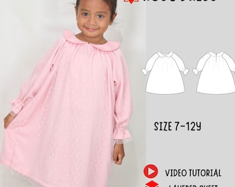 Girls Dress Sewing Pattern PDF | Girl Dress 7-12Y, A line-dress