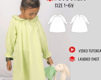Girl Dress Sewing Pattern, Raglan Style, Toddler Girl A-Line, Sizes 1-6 Years (PDF Download)