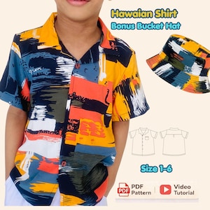 May include: A short-sleeved button-down shirt and a matching bucket hat featuring an abstract brushstroke pattern in yellow, navy blue, orange, and white. The text "Hawaiian Shirt Bonus Bucket Hat" and "Size 1-6" is visible alongside a line drawing.