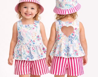 Toddler Girl Summer Outfit Sewing Pattern, Peplum Top, Shorts, Hat (PDF Download)