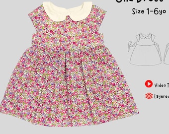 Girls Dress Sewing Pattern PDF | Peter Pan Collar, Tie Back | Size 1–6