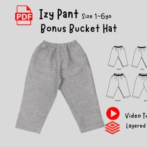 Puede incluir: Un pantalón Izy a rayas grises y blancas para tallas de 1 a 6 años, con un patrón de sombrero de pescador de bonificación. La imagen incluye un icono PDF, dibujos lineales del pantalón y el texto "Video Tutorial" y "Layered sheets."
