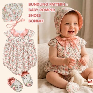 Baby Sewing Pattern Bundle, Romper Bonnet & Shoes Pattern, Baby Romper PDF Pattern, Bonnet Sewing Pattern, 0-2Y Digital Pattern