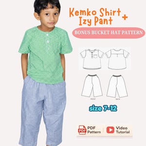 Cartamodello per camicia e pantaloni (taglie 7-12 anni), pantaloni a barilotto e maglietta semplice per bambino (cartamodello in PDF)