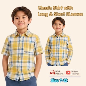 Könnte beinhalten: Ein gelb-weiß-blau kariertes Hemd mit Knopfleiste, Kragen und Brusttasche, dargestellt in Kurz- und Langarmversionen. Der Text lautet: Classic Shirt with Long & Short Sleeves, PDF Pattern, Video Tutorial und Size 7-12.