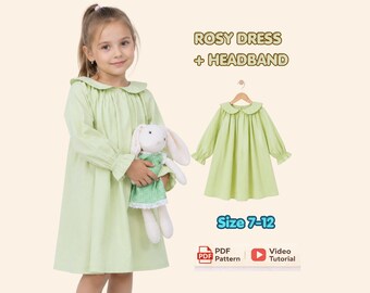 Girls Dress Sewing Pattern, Long Sleeves, Peasant Dress Pattern for Girl, Size 7-12Y, A line-dress PDF