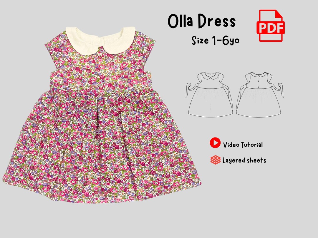 Girls Dress Sewing Pattern PDF | Peter Pan Collar, Tie Back | Size 1–6 ...