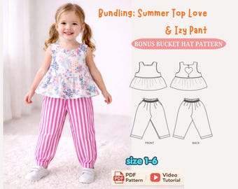 Mönster för peplumtopp och långbyxor för flickor i PDF-format | Mönster för barnkläder storlek 1-6 | Enkelt sömnadsmönster | Direkt nedladdning