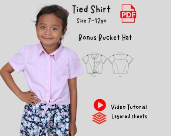 Girls Shirt Sewing Pattern Size 7-12 yo, button down shirt PDF, Summer top